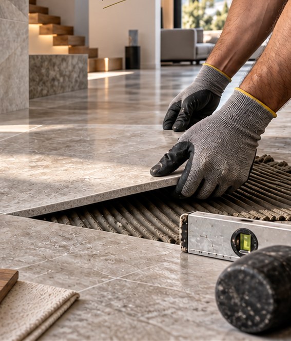 Posa di una lastra di rivestimento in pietra su letto di collante, con guanti da lavoro, livella e mazzuolo